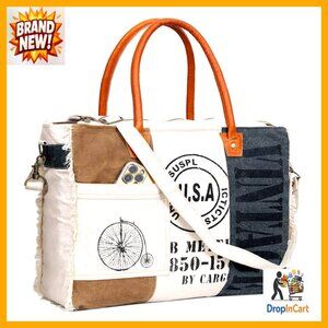 Vintage Patchwork Canvas Tote Bag with Leather Handles Adjustable Strap